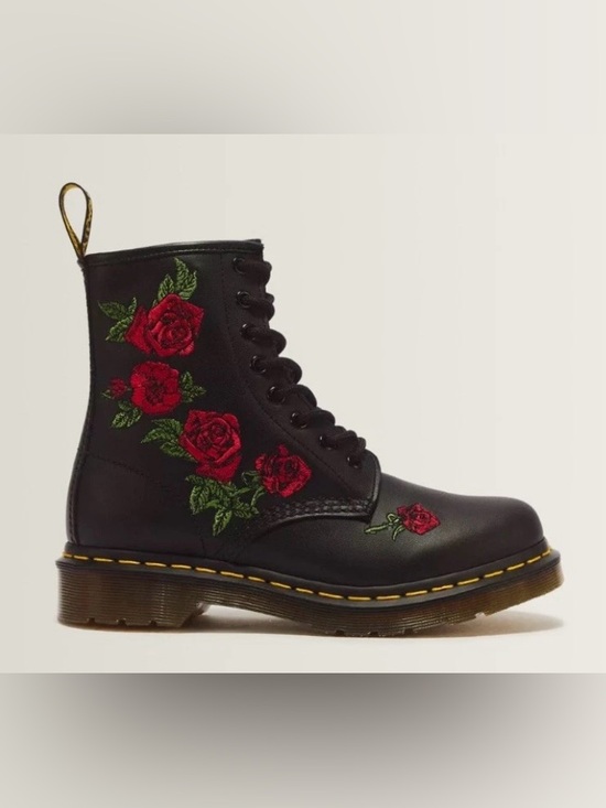 Dr. Martens Shoes - Dr. Martens Embroidered Black Red Rose Floral Vonda Leather Boots Goth Size US 8
